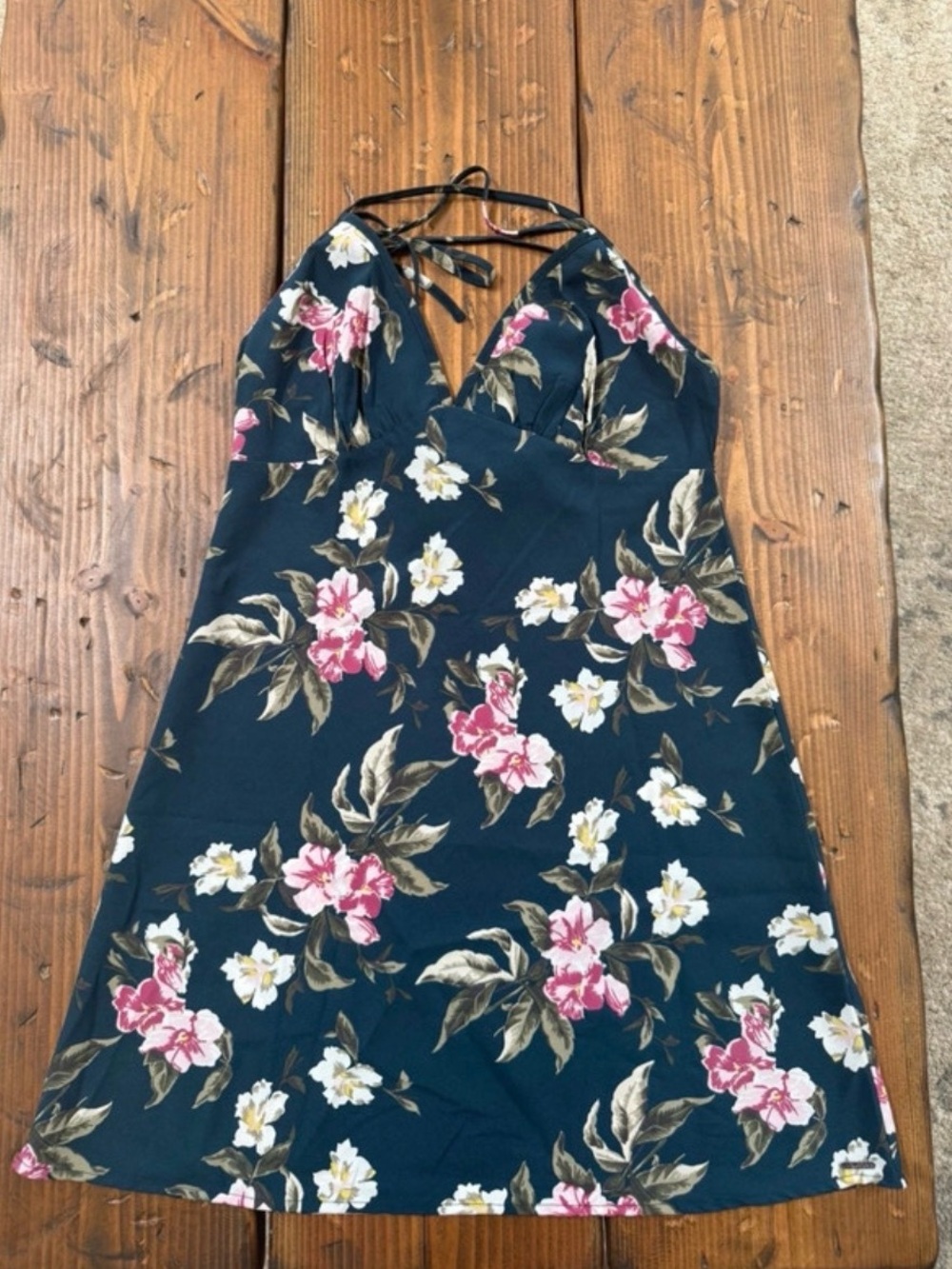 Volcom Floral Tie-Back Slip Dress in Navy with Pink Blooms